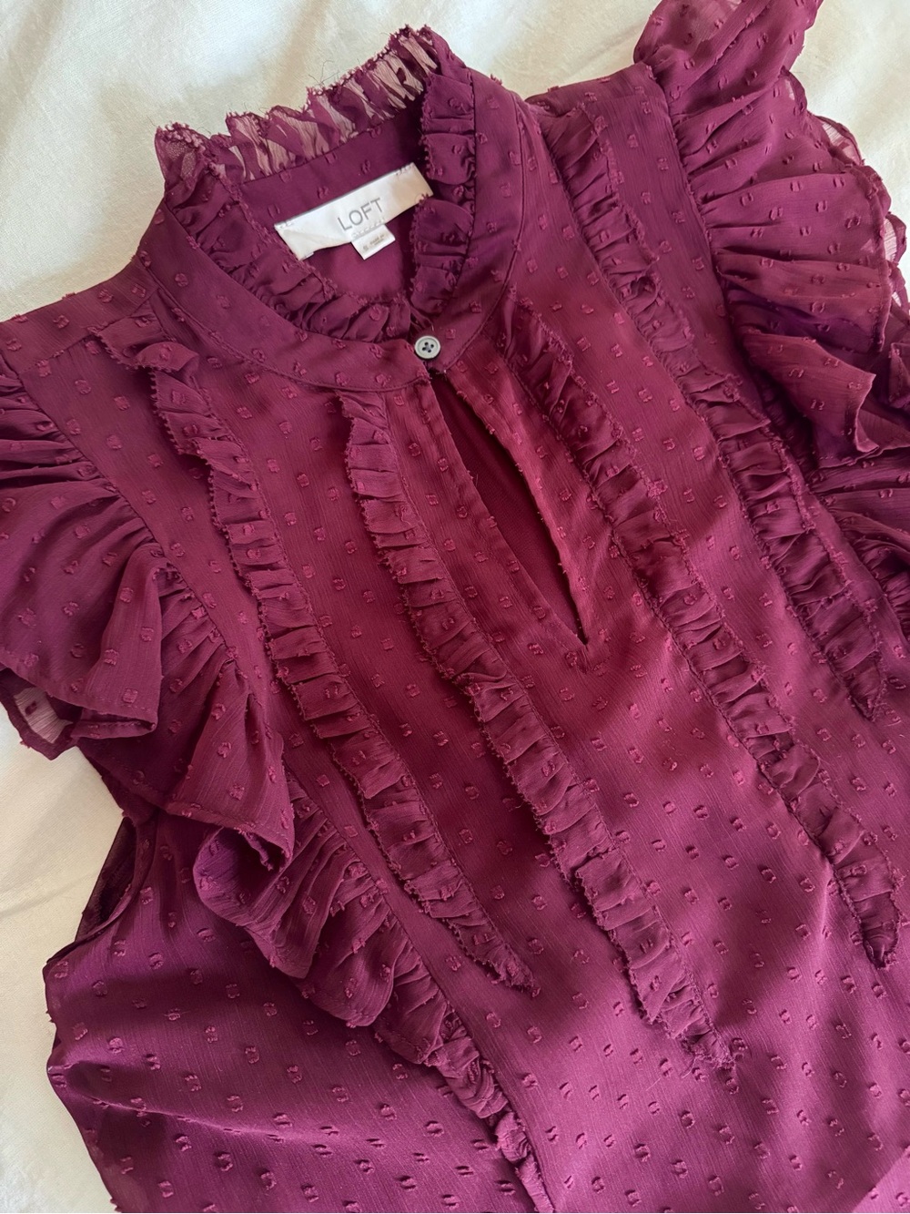 LOFT Wine Ruffle Dot-Textured Blouse